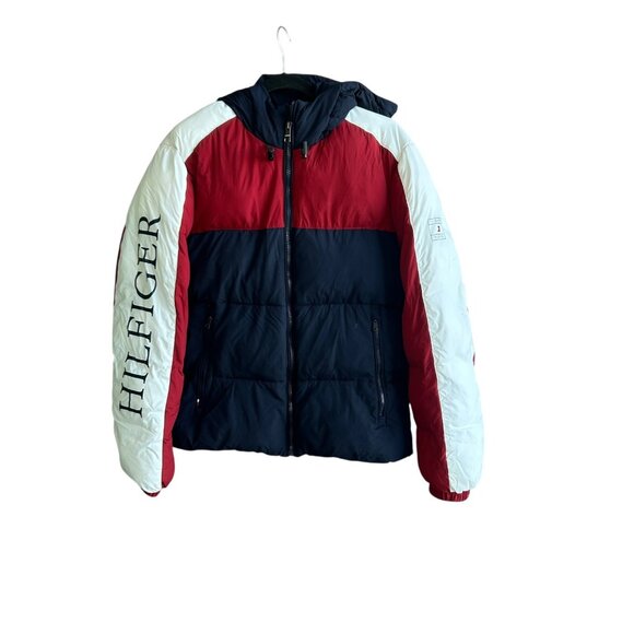 Tommy Hilfiger Hooded  Spellout Puffer Jacket Men's Small Women’s Large - Picture 12 of 12